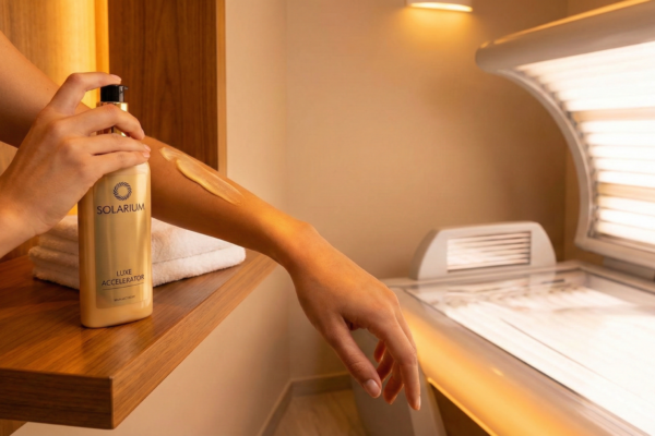 Kvinna applicerar solkräm för solarium