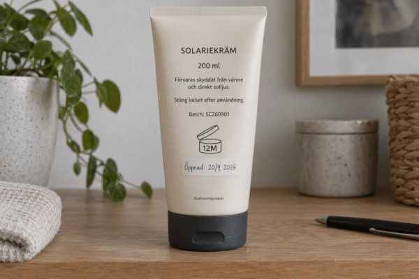 Fiktiv solariekräm med 12M-symbol, batchnummer, förvaringsråd och handskrivet öppningsdatum.